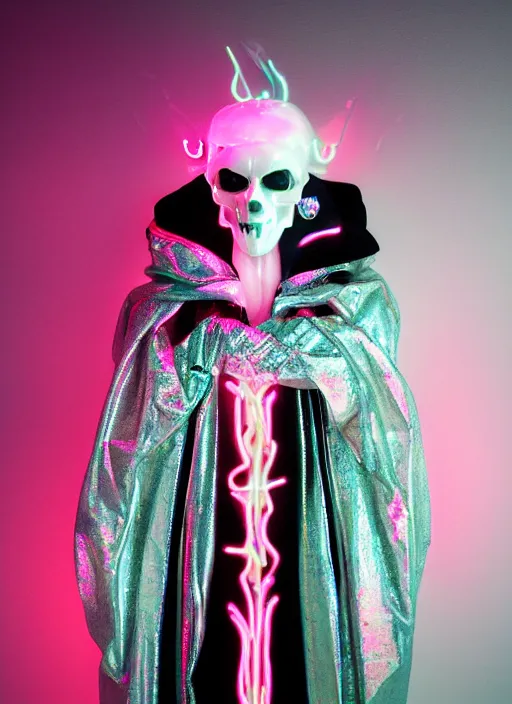 Prompt: photo of fullbodied baroque and bladerunner delicate neon diamond sculpture of seductive onyx albino marble prince zhengyang zhang dotado mint iridescent humanoid deity wearing black plastic trashbag hooded cloak holding hellfire skull in a onyx alien dungeon, reclining, glowing magenta face, crown of white diamonds, cinematic lighting, photorealistic, octane render 8 k depth of field 3 d