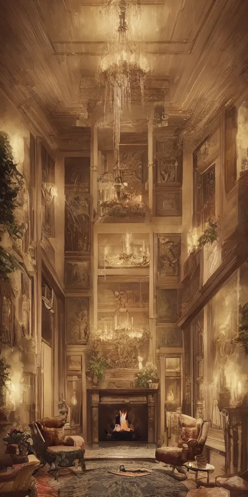 Image similar to photo of a stunning mansion lobby. cozy. fireplace. trending on artstation. cgsociety. art by greg rutkowski and moebius.