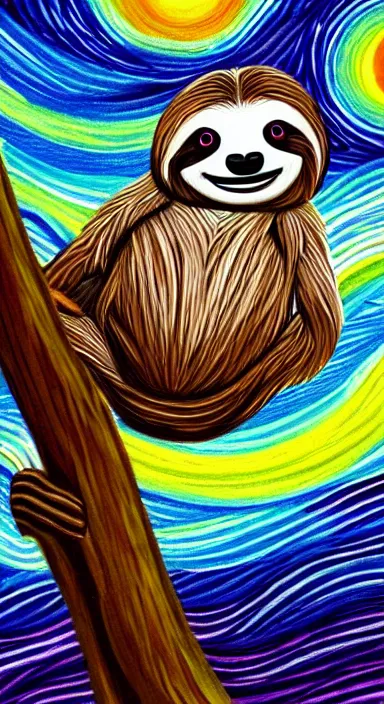 Image similar to a cute sloth hanging on a tree on a starry night, made of bright colored thick flowing dramatic brush strokes, matte colors, trending on artstation