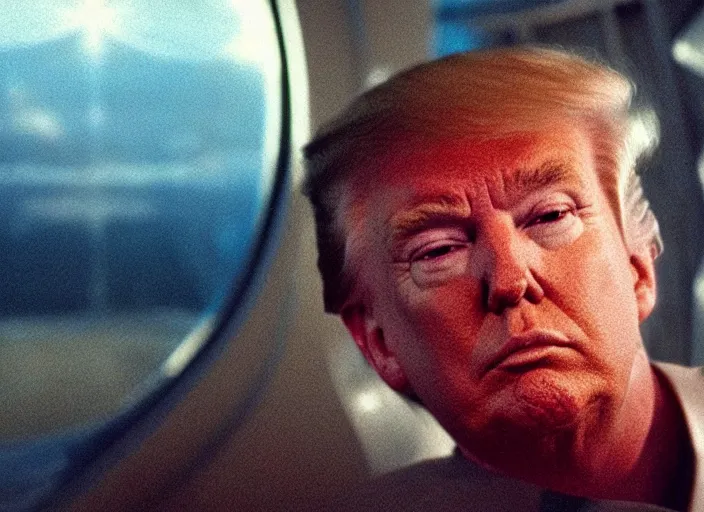 Image similar to screenshot from moody scene of Donald Trump dreaming on a spaceship, scene from the film Contact 1999 film directed by Jodi Foster, kodak film stock, anamorphic lens, 4K, film grain, detailed, stunning cinematography