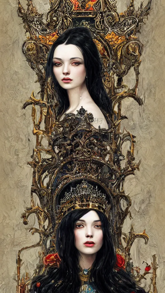 Image similar to painting of a beautiful black haired woman with pale skin and a crown on her head sitted on an intricate metal throne, illustration, artistic, colorful, hyper detailed, in the style of greg rutkowski,