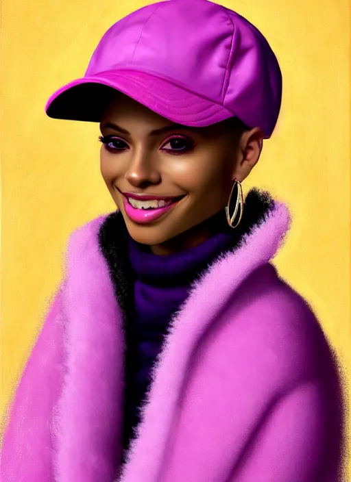 Image similar to portrait of vanessa morgan, black teenage girl, pink hair, wavy pixie haircut, purple newsboy cap, fluffy pink hair coming out from under cap, hoop earrings, subtle confident smile, intricate, elegant, glowing lights, highly detailed, digital painting, artstation, concept art, sharp focus, illustration, art by wlop, mars ravelo and greg rutkowski