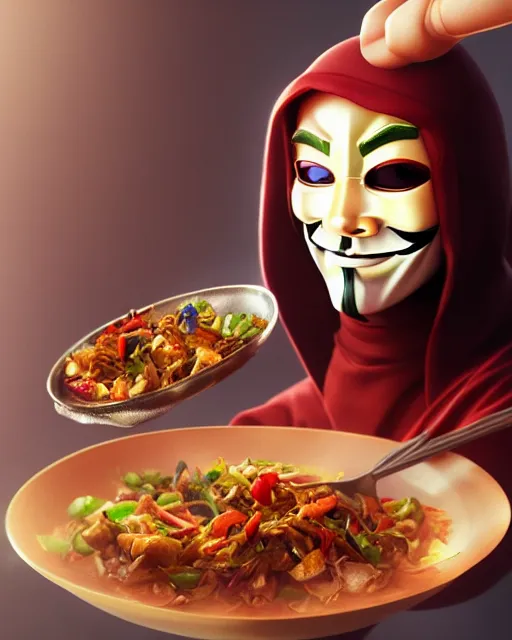 Image similar to movie still macro close photo of anonymous holding stirfry to face, by weta disney pixar greg rutkowski wlop ilya kuvshinov rossdraws artgerm octane render iridescent, bright morning, liosh, mucha