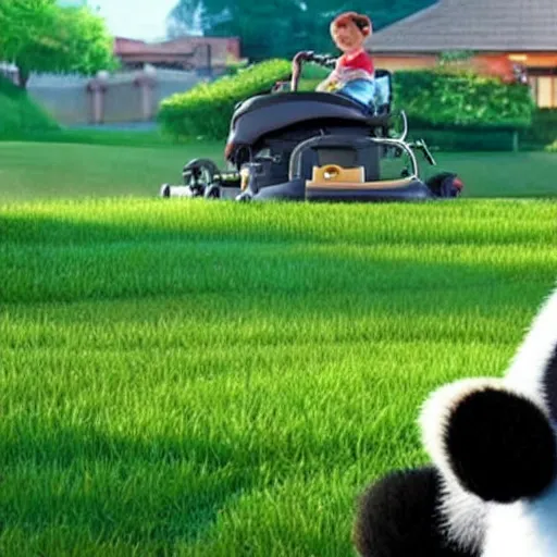 Image similar to a panda is mowing the lawn with a mowing machine, pixar