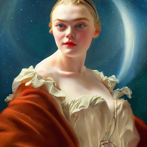 Prompt: leyendecker and peter paul rubens, head and shoulders portrait of a elle fanning, nighttime, dream boat, starry sky, unreal engine, fantasy art by global illumination, radiant light, detailed and intricate environment