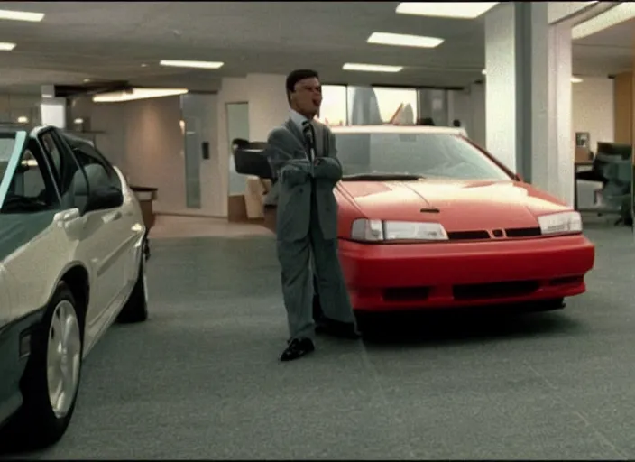 Prompt: 1992 DC2 Integra Type R driving though office interior. Car driving inside office. The Office tv show 2005 scene still frame