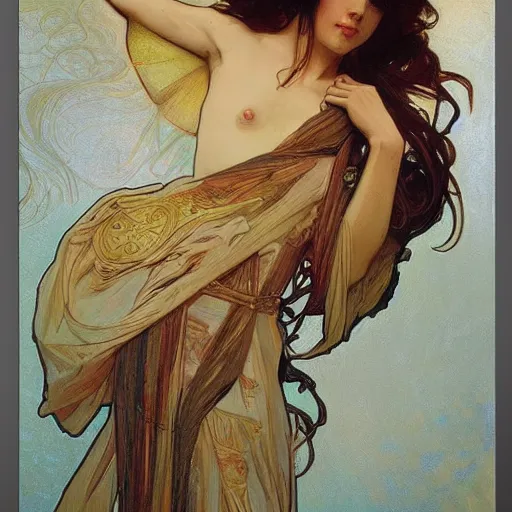 Prompt: alphonse mucha, j. c. leyendecker, and ruan jia combined art