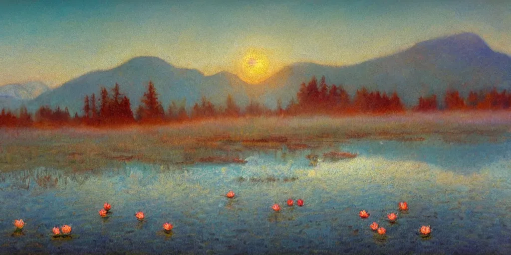 Image similar to impressionism painting of a pond of water lily on a foggy morning, red barn in distance, sun low on horizon through snow capped mountains, soft light