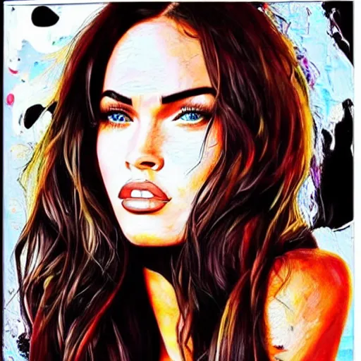 Image similar to “Megan Fox acid paints paintings, ultra detailed portrait, 4k resolution”