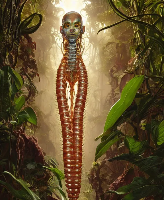 Image similar to intricate ornate opulent transparent clear see - through portrait of a terrifying beautiful skinny male alien centipede, mottled coloring, adorable, childlike, overgrown jungle environment, ultra realistic, concept art, art nouveau, photorealistic, octane render, 8 k, unreal engine. art by christopher marley and artgerm and greg rutkowski and alphonse mucha