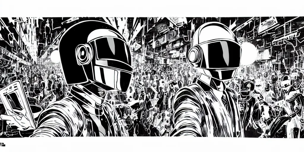 Image similar to detailed black ink manga artwork of 2 Daft Punk robot rock using Apple notebook Macbook at an underground warehouse rave in Ibiza, playing techno house music, thousands of beautiful girls in bikini dancing, in the style of manga illustration, wires, speakers, black and white ink, some ink drips, sharp details