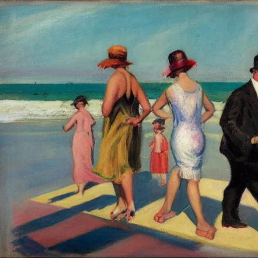 Image similar to people walking on the boardwalk on a hot summer day, 1 9 2 0 s, by john french sloan