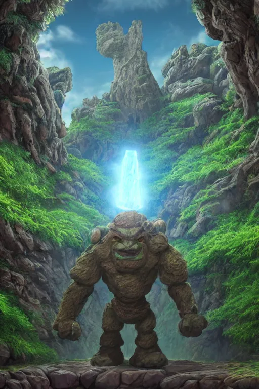 Image similar to zelda fantasy art giant golem troll wood rock greeble gemstone, global illumination ray tracing hdr fanart arstation by sung choi and eric pfeiffer and gabriel garza and casper konefal