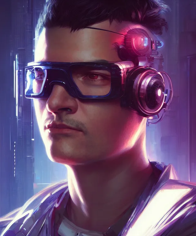 Image similar to cyberpunk hacker man portrait, sci - fi face, elegant, highly detailed, digital painting, artstation, concept art, smooth, sharp focus, illustration, art by artgerm and greg rutkowski and alphonse mucha