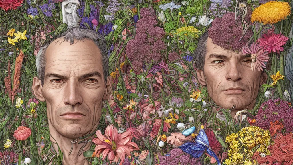 Prompt: highly detailed illustration of a human anatomy head surrounded by all the known species of flowers by juan gatti, by moebius!!, by oliver vernon, by gottfried bammes, by joseph moncada, by damon soule, by manabu ikeda, by kyle hotz, by dan mumford, by kilian eng