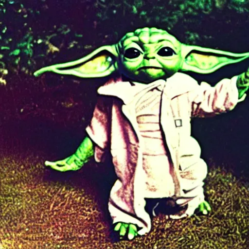 Prompt: baby yoda performing his music at woodstock in the 70s