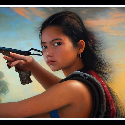 Prompt: a ultradetailed beautiful painting of a latina brazilian venezuelan young woman girl holding a gun in the amazonas by cheng hsiaoron, ngai victo, nivanh chanthara jean delville wlop and dougherty patrick, trending on artstation, scifi, futurism, postcapitalism, octane rendering, sharp focus, soft light - n 9