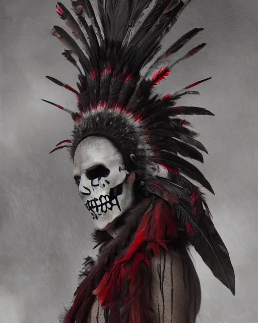 Prompt: the ghost - spirit of the grim - warpaint wears the scarlet skull armor and native blood headdress feathers, midnight fog - mist!, dark oil painting colors, realism, cinematic lighting, various refining methods, micro macro autofocus, ultra definition, award winning photo