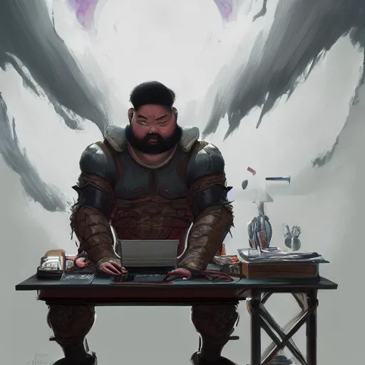 Image similar to a insanely detailed painting of a thick asian man wearing a homemade superhero costumed, sitting at a computer desk typing on the keyboard, in the style of peter mohrbacher, dramatic lighting and composition, trending on artstation, concept art, comic book, graphic novel