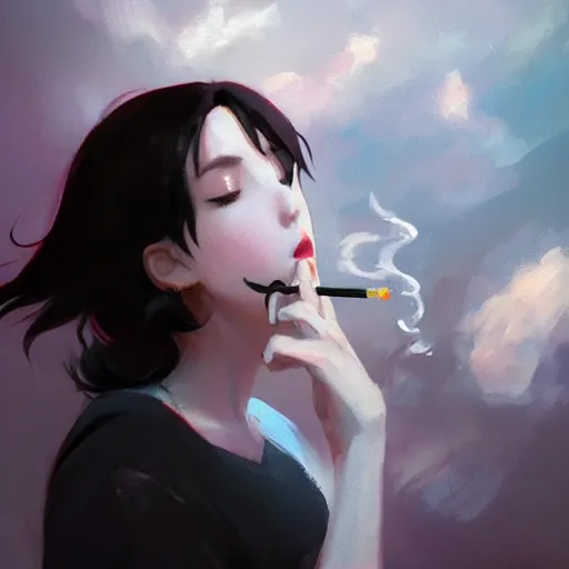 Image similar to black hair woman smoking a cigarette by krenz cushart stu dts yoshiku wlop, white smoke, cinematic lighting, back lit, chromatic aberration, white smoke, trending on ArtStation Pixiv