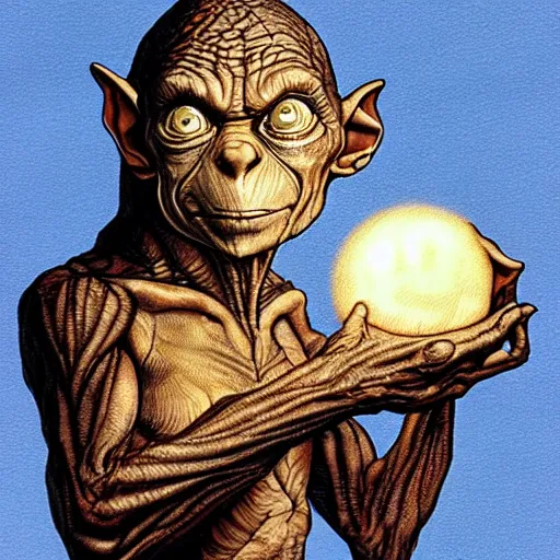 Prompt: Gollum pondering his Orb by Todd Lockwood