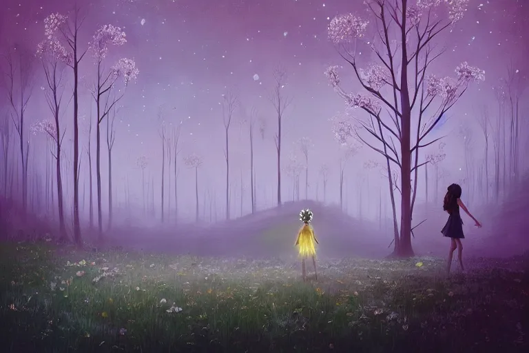 Image similar to giant daisy flower crown head, girl walking in forest, surreal photography, dark night, stars, moon light, impressionist painting, clouds, digital painting, artstation, simon stalenhag