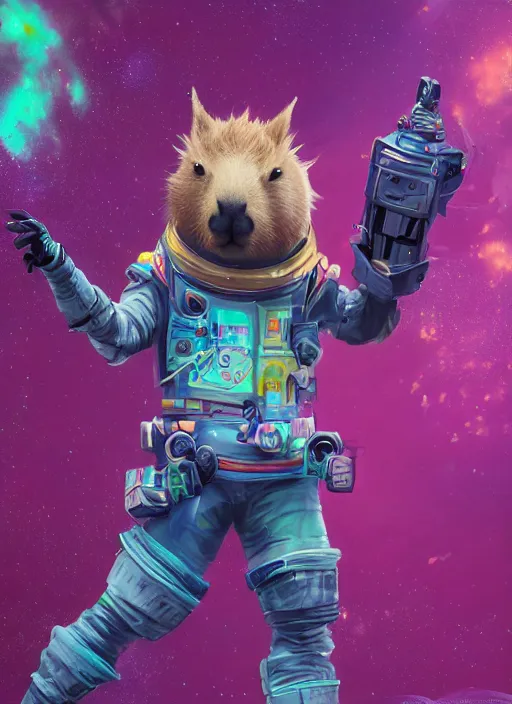 Prompt: detailed full body concept art illustration colorful pastel painting of an anthropomorphic capybara space pirate in full intricate clothing, biomutant, ultra detailed, digital art, octane render, 4K