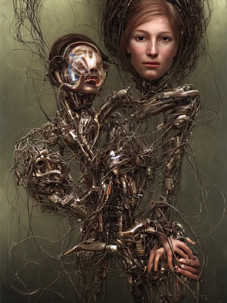 Prompt: portrait of a beautiful female android robot holding a realistic anatomical heart in her hands and crying, there are wires coming from her heart, tangled and entwined with her long flowing hair, mecha, biopunk, painting by James C. Christensen, by tomasz alen kopera