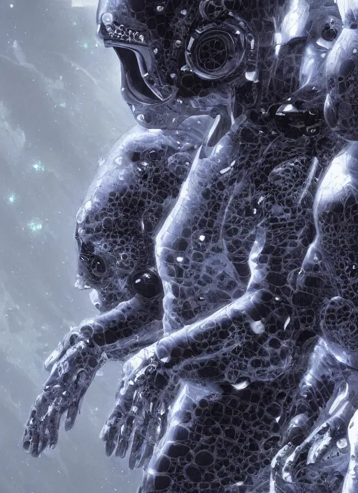 Image similar to astronauts in dark and empty void underwater - complex and hyperdetailed technical suit. reflection and dispersion materials. rays and dispersion of light. volumetric light. 5 0 mm, f / 3 2. noise film photo. flash photography. ultra realistic, wide angle. poster by wayne barlowe, hajime sorayama aaron horkey, craig mullins