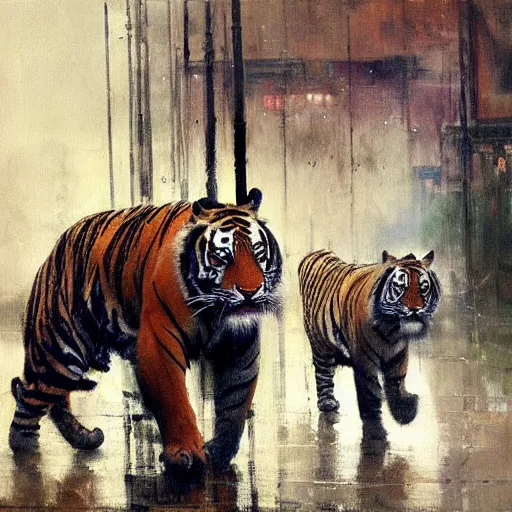 Image similar to tigers in the rain, painting by jeremy mann