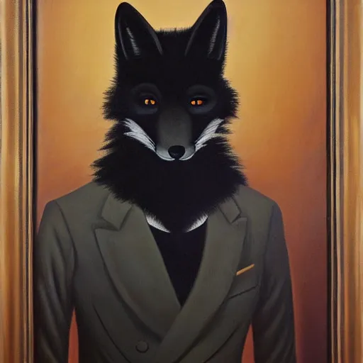 Image similar to portrait of a male anthro anthropomorphic black fox furry fursona with hands on eyes, wearing a suit, 1 9 7 0 s oil on canvas painting, by famous artist jylon denja