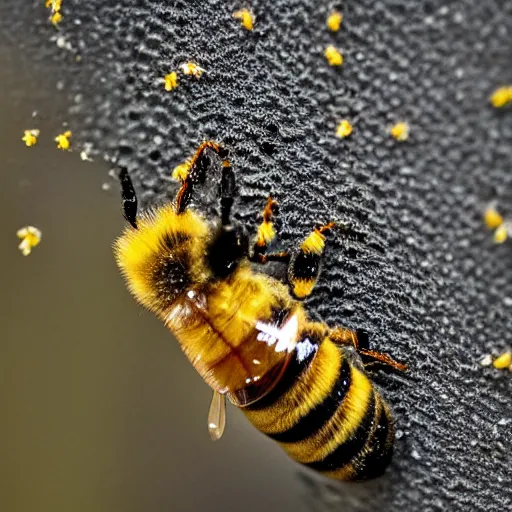Prompt: bee covered in pollen, macro photography