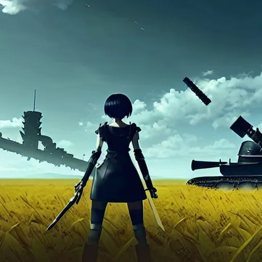 Image similar to a very high resolution image from nier : automata, featuring 9 s android fighting a t 3 4 tank in yellow rye field under pure blue skies