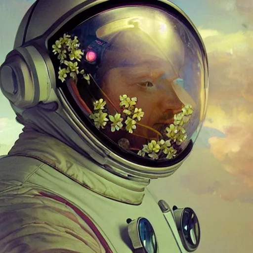 Image similar to a close up painting of an astronaut floating in space. his helmet visor is dark and reflective. you can see the reflection of flowers in his helmet visor. by artgerm and greg rutkowski and alphonse mucha