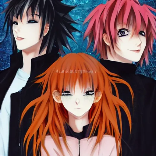 Image similar to orange - haired anime boy, 1 7 - year - old anime boy with wild spiky hair + 1 7 - year - old pale - skinned persian girl with black hair long bob cut, long bangs, black gothic jacket, ultra - realistic, sharp details, subsurface scattering, blue sunshine, intricate details, hd anime, 2 0 1 9 anime