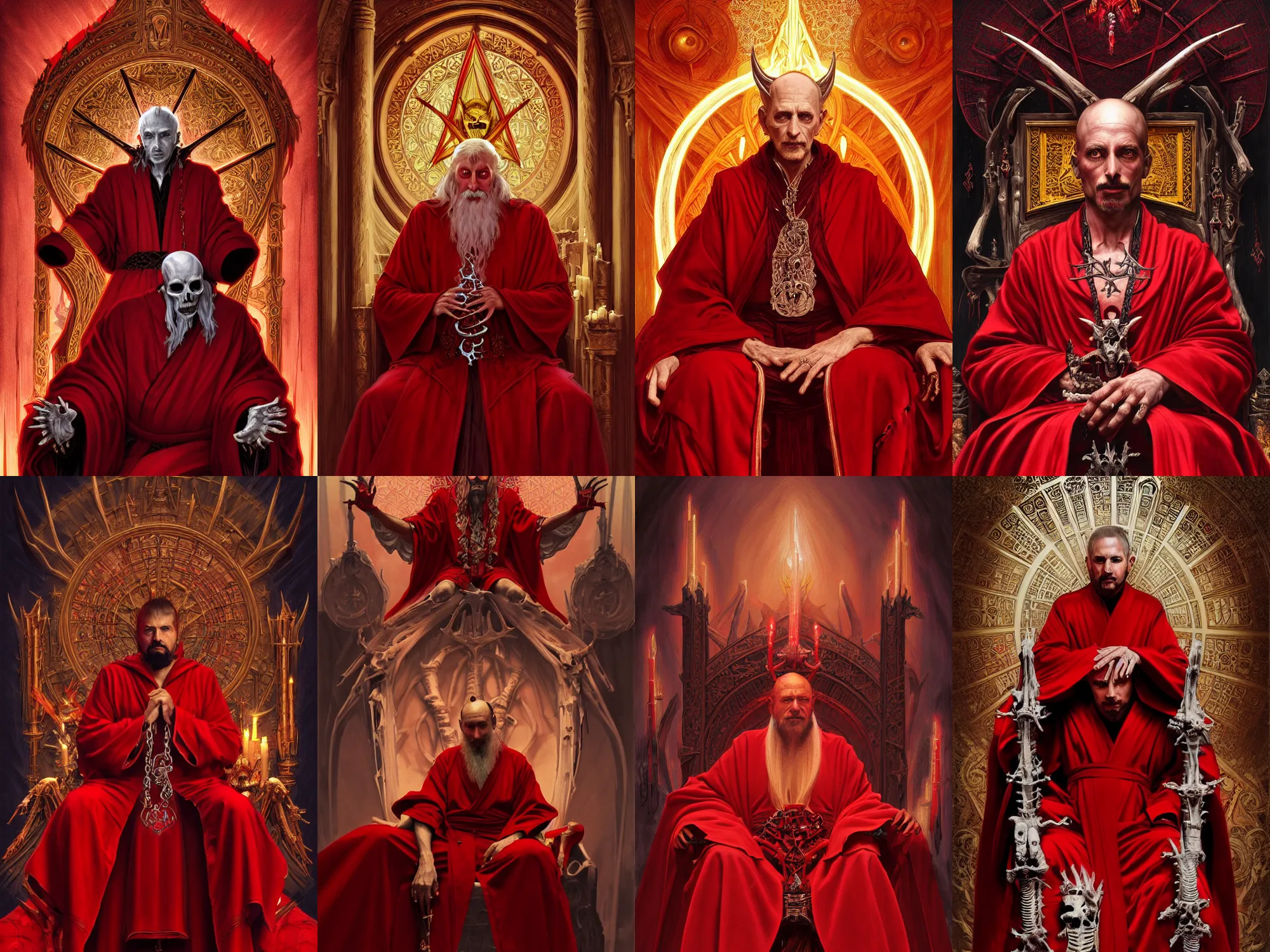 Prompt: a concept painting of a satanic high - priest in a red robe sitting on a throne made of bones, fantasy, intricate, elegant, highly detailed, digital painting, artstation, concept art, matte, sharp focus, ascii, art by artgerm and greg rutkowski and alphonse mucha