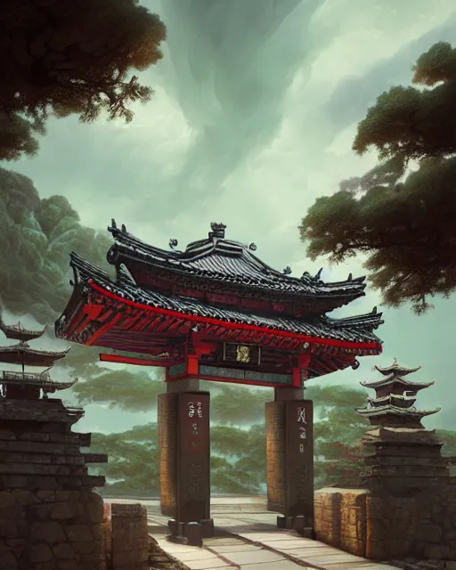 Image similar to tang dynasty shinto gate at the top of dragon mountain by peter mohrbacher and dan mumford and nekro, cgsociety, volumetric light, 3 d render