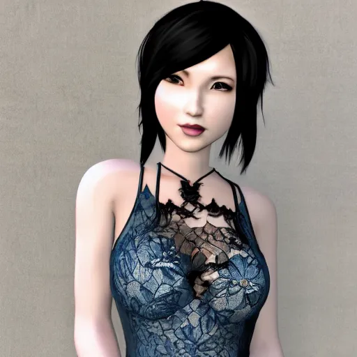 Prompt: headshot, flirty, ada wong devolve lace top, gellight, sunset, random lake