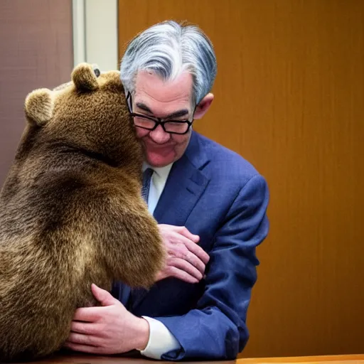 Image similar to Jerome Powell hugging a bear