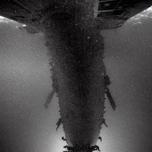 Prompt: the wreck of a Space Shuttle on the bottom of the sea, under water photography, spooky