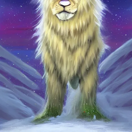 Image similar to aesthetic portrait commission of a albino male furry anthro lion in the north pole with the northern lights visible in the sky and the background while wearing a cute green jacket cozy soft pastel winter outfit, sleet rain, winter atmosphere. character design by charlie bowater, ross tran, artgerm, and makoto shinkai, detailed, inked, 2 0 2 1 award winning painting