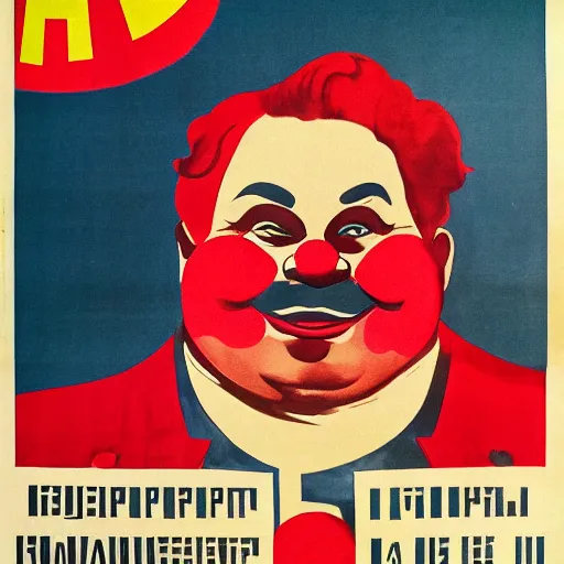 Image similar to fat communist clown portrait, soviet propaganda poster, vivid colors