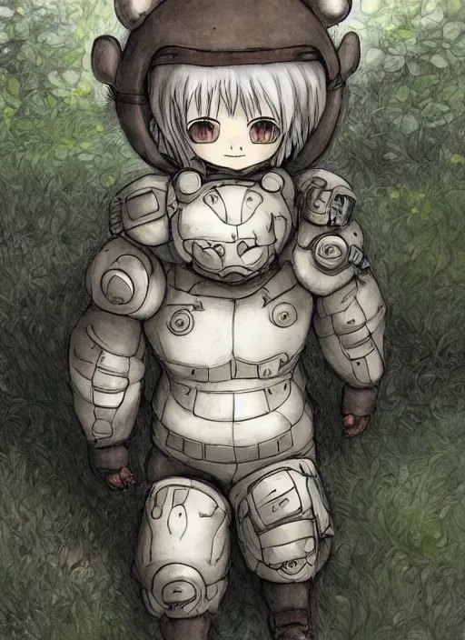 Image similar to beautiful little boy wearing an cyborg bear suit, artwork in kentaro miura and made in abyss and rosdraws, smooth, beautiful lightness, anatomically correct, trending on pixiv, forest