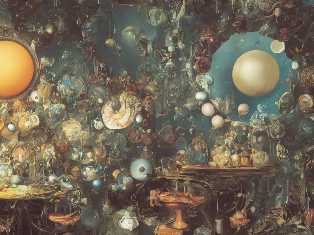 Image similar to f / 4 aperture, the universe is a spheroid region 7 0 5 meters in diameter, sunlight study, art nouveau, by jan davidz de heem and ( ( ( ( ( martin johnson heade ) ) ) ) ) and ( ( ( ( ( lisa frank ) ) ) ) ), 8 k, octane render