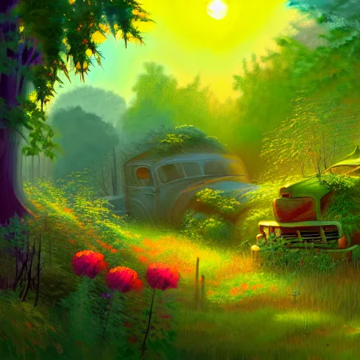 Image similar to A painting of a junk yard in the forest overgrown, with some pretty colorful flowers and ivy, sunrise with sun rays through the trees, digital art, artstation,