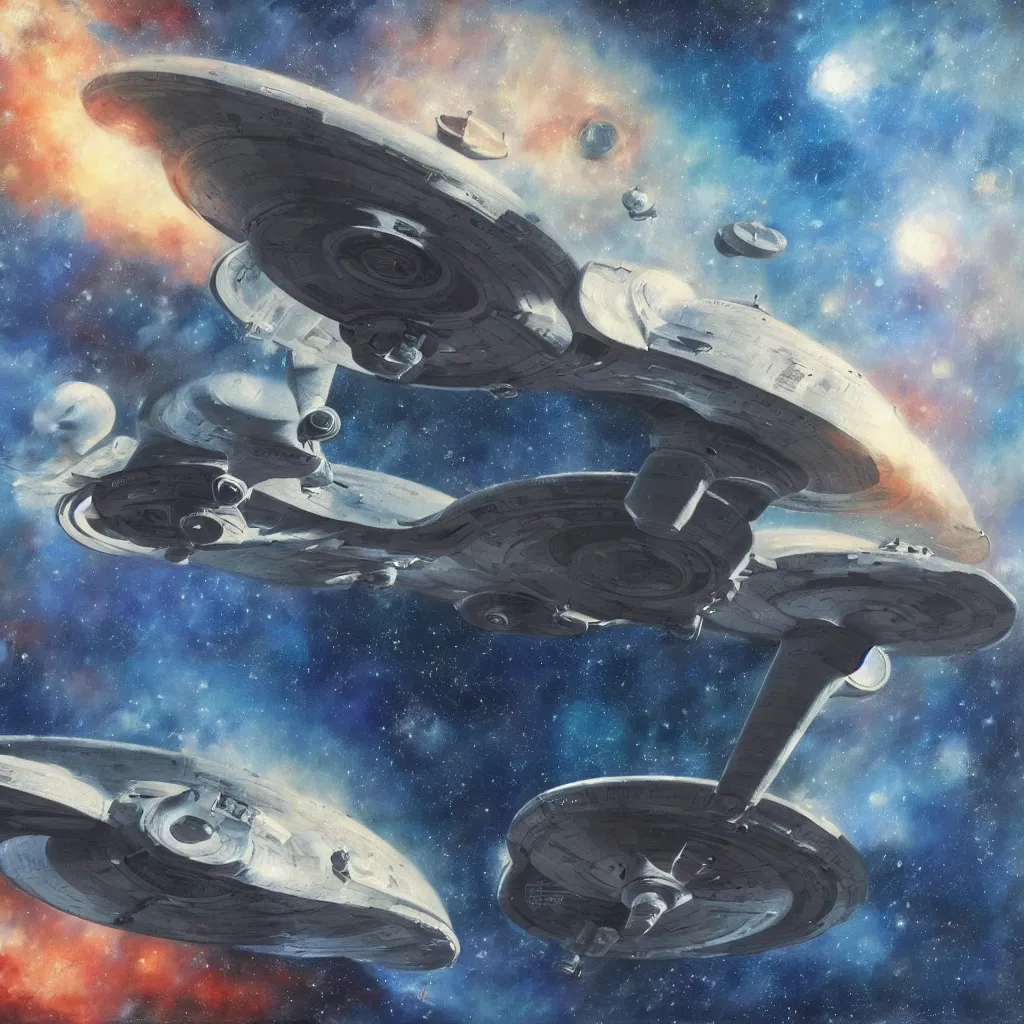 Image similar to oil painting of the uss enterprise ncc - 1 7 0 1 e, star trek enterprise, digital art, trending on artstation, beautiful, space, oil painting