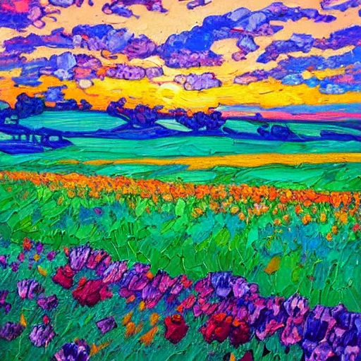 Image similar to a painting of a sunset over a field of flowers, an oil painting by erin hanson, deviantart, american impressionism, rich color palette, impressionism, fauvism