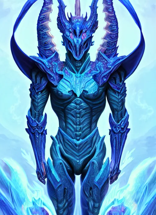 Image similar to muscular and tall blue ghostly fire humanoid dragon!!!! draconian!! intricate ornate iridescent heavy armor!! character concept art, sharp focus, octane render! unreal engine 5! highly rendered!! trending on artstation!! detailed linework!! illustration by artgerm, wlop, and chie yoshii