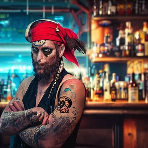 Image similar to a high quality portrait of a pirate bartender in a cyberpunk cyberpunk cyberpunk cafe, realism, 8k, award winning photo