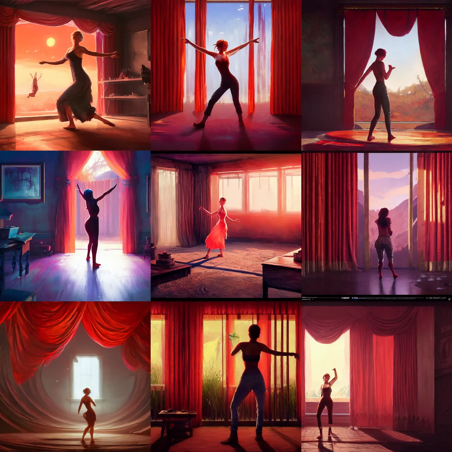 Prompt: Jennifer Lawrence dancing behind red curtains, 🍑, in far cry, Stephen Bliss, unreal engine, by Greg Rutkowski, Loish, Rhads, Makoto Shinkai and Lois van baarle, ilya kuvshinov, rossdraws, global illumination, radiant light, detailed and intricate environment